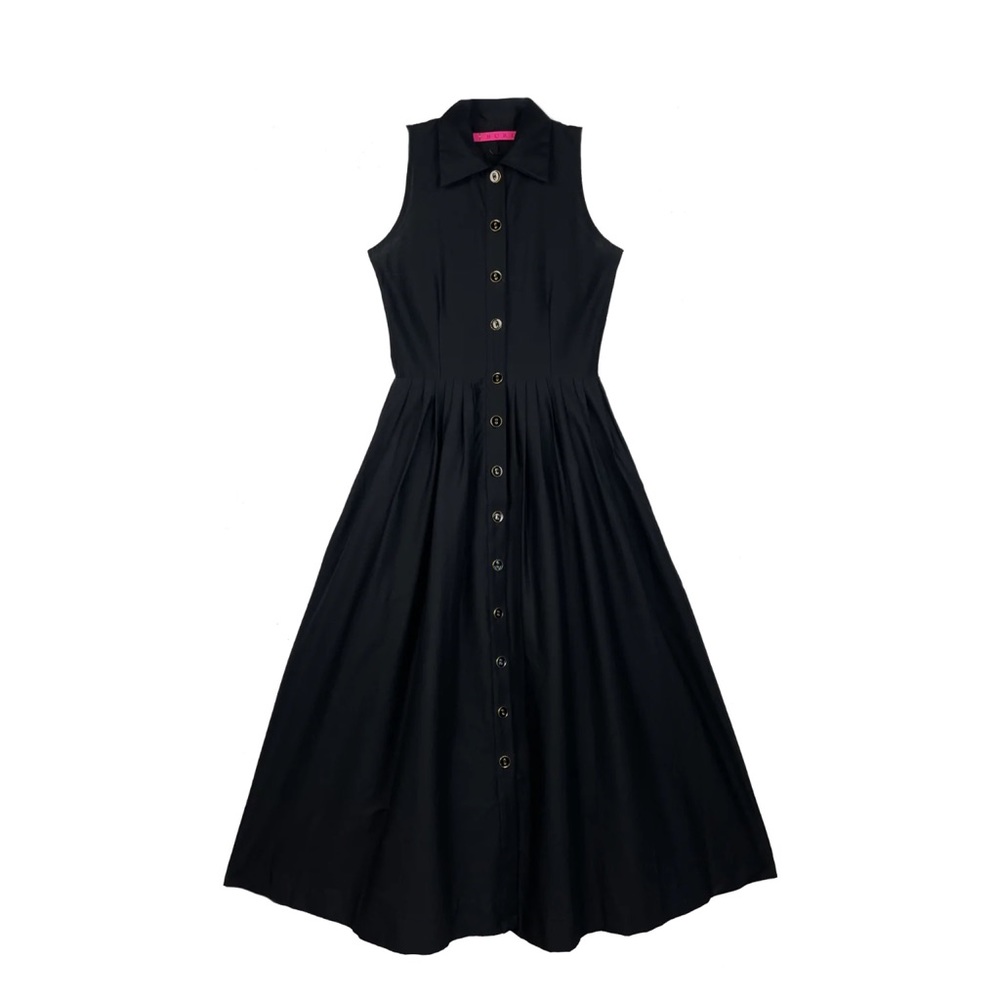 Buru Sleeveless Placket Front Shirtdress in Black Poplin